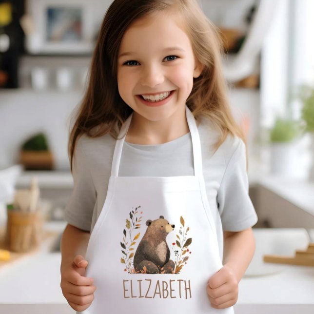 Woodland Brown Bear Cute Personalized Kids' Apron (Creator Uploaded)