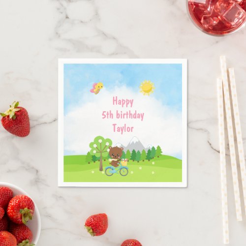 Woodland Brown Bear on Blue Bicycle Birthday Napkins