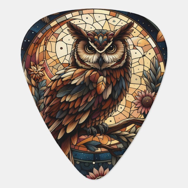 Woodland Brown Owl Stained Glass Guitar Pick (Front)
