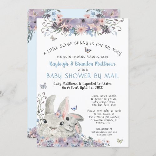 Woodland Bunnies Floral Blue Baby Shower By Mail Invitation