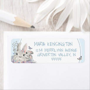 Woodland Bunnies Floral Blue Boy Baby Shower Label