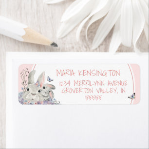 Woodland Bunnies Floral Pink Girl Baby Shower Label