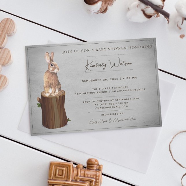 Woodland Bunny Baby Shower | Gray Invitation (Gray Woodland Bunny Baby Shower Invitation)