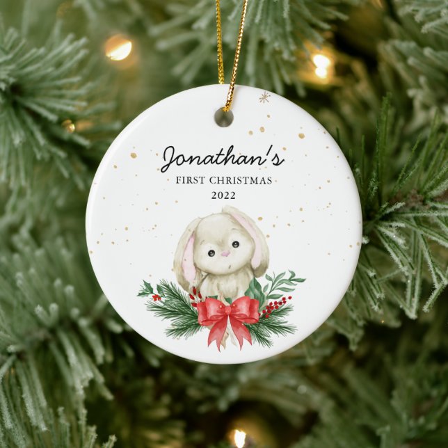 Woodland Bunny Baby's First Christmas Ceramic Ornament (Tree)