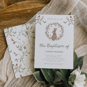 Woodland Bunny Baptism Forest Foliage Invitation
