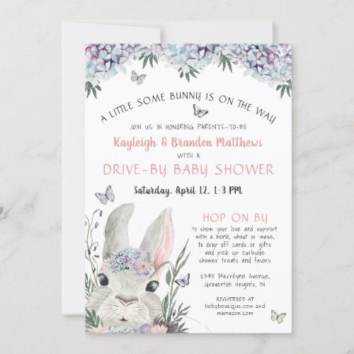 Woodland Bunny Floral Pink Drive By Baby Shower Invitation