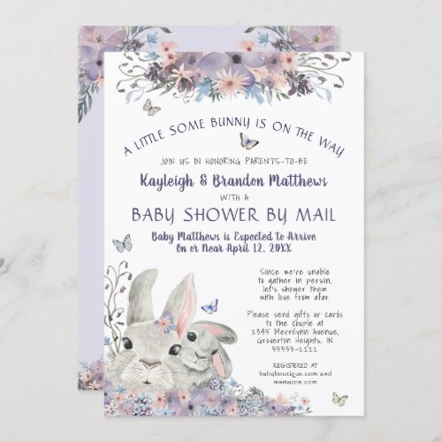 Woodland Bunny Floral Purple Baby Shower By Mail Invitation