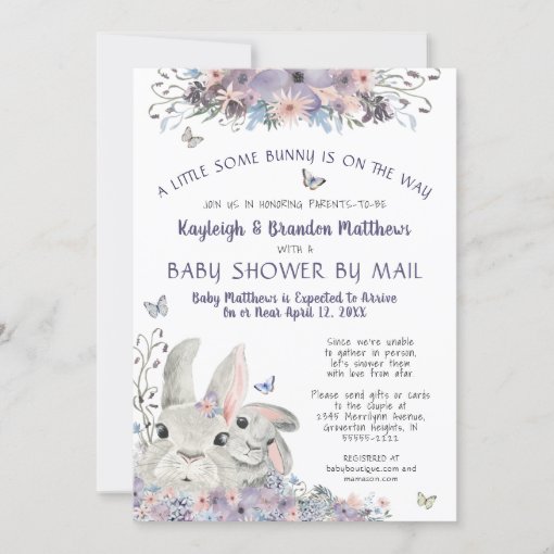 Woodland Bunny Floral Purple Baby Shower By Mail Invitation | Zazzle