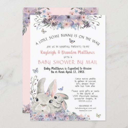 Woodland Bunny Floral Purple Baby Shower By Mail Invitation