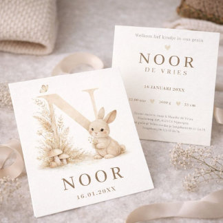 Woodland Bunny Monogram N Neutral Birth Card