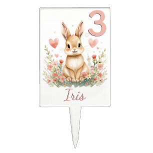 Woodland Bunny Pastel Pink Hearts Floral Girl Cake Topper