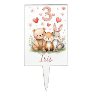 Woodland Bunny Pastel Pink Hearts Floral Girl Cake Topper