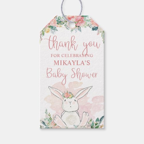 Woodland Bunny Pink Floral Baby Shower Thank You Gift Tags