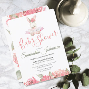 Woodland Bunny Pink Watercolor Floral Baby Shower Invitation