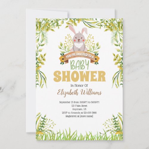 Woodland Bunny Rabbit Baby Shower Invitation