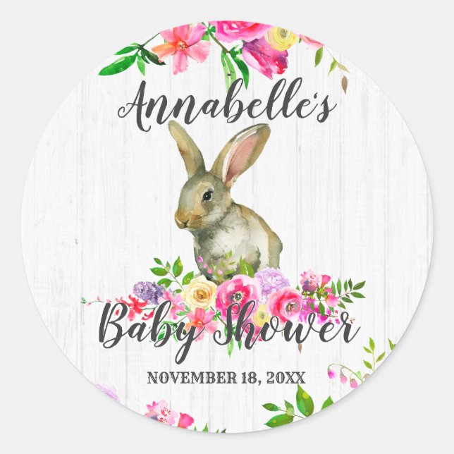 Woodland Bunny Rabbit Cute Floral Baby Shower Classic Round Sticker (Front)