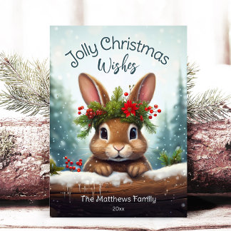 Woodland Bunny Rabbit Jolly Christmas Snowy Pines Holiday Card