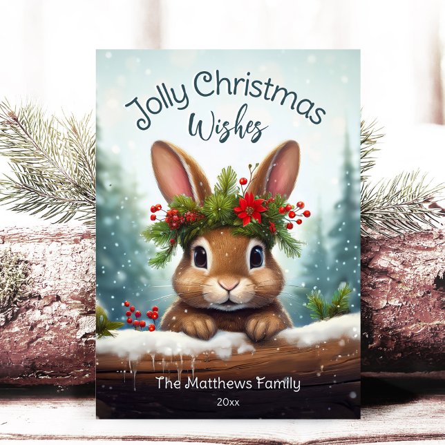 Woodland Bunny Rabbit Jolly Christmas Snowy Pines Holiday Card (Adorable Winter Snowy Scene With Peeking Dogs or Farm/Woodland Animals - Over 50 to Choose From!)