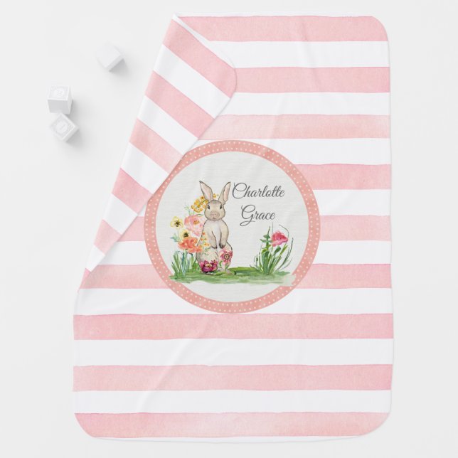Woodland Bunny Rabbit Striped Watercolor Baby Girl Baby Blanket (In Situ)
