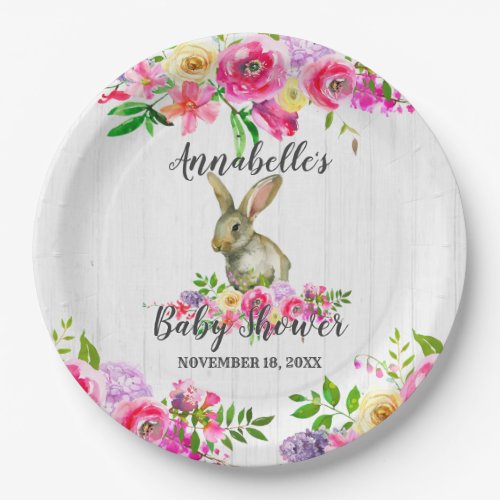 Woodland Bunny Rabbit Watercolor Floral Baby Showe Paper Plates