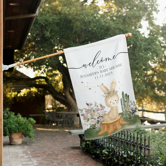 Woodland Bunny Rabbit Welcome to Baby Shower House Flag (In SItu)