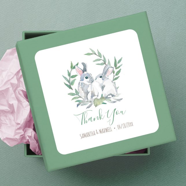 Woodland Bunny Thank You Favor Square Sticker (Thank You Favor Square Sticker Woodland Bunny watercolor art by Victoria Grigaliunas)