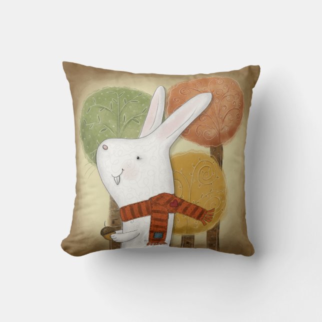 Woodland Bunny with Acorn Throw Pillow (Front)
