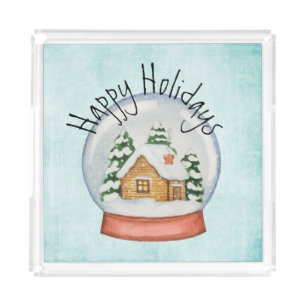 Woodland Cabin Holiday Snow Globe Acrylic Tray
