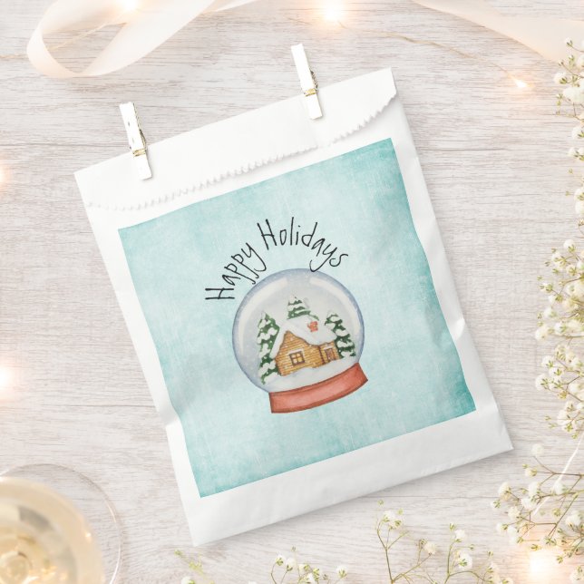 Woodland Cabin Holiday Snow Globe Favor Bag (Clipped)