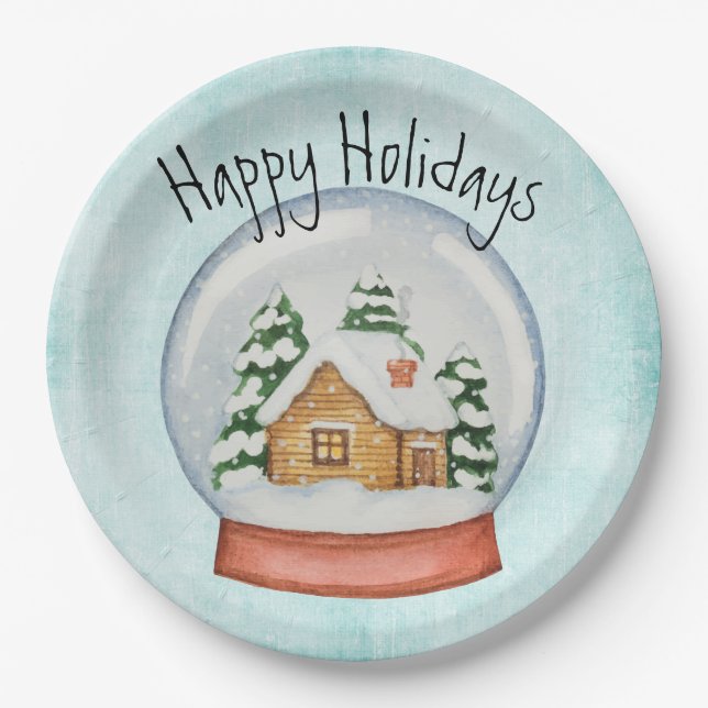 Woodland Cabin Holiday Snow Globe Paper Plates (Front)