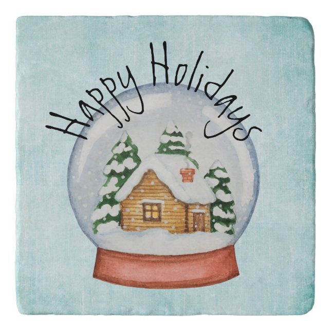 Woodland Cabin Holiday Snow Globe Trivet (Front)