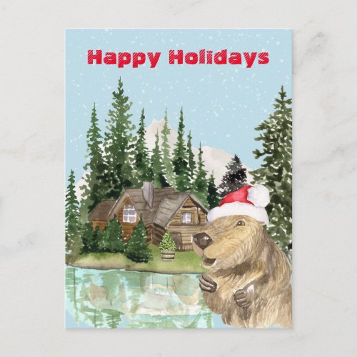 Woodland Cabin Lake Christmas Beaver Watercolor Postcard