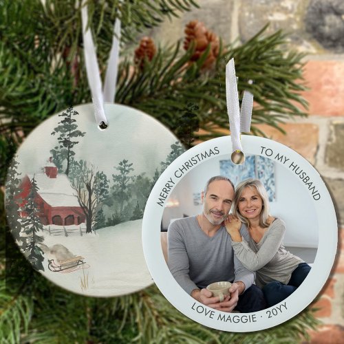 Woodland Cabin Watercolor Custom Photo Ceramic Ornament