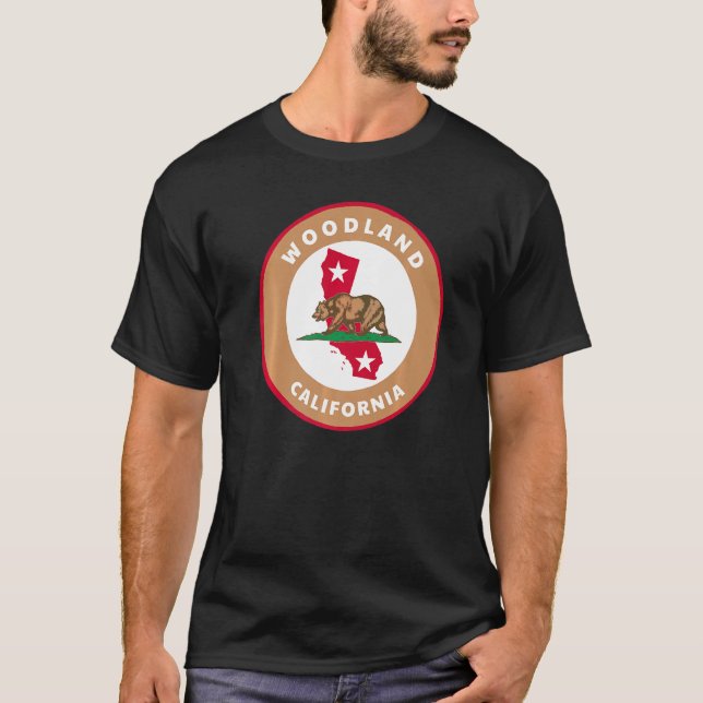 Woodland California Ca Flag And Bear Badge Souveni T-Shirt (Front)