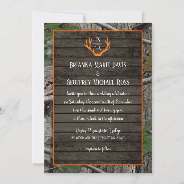 Woodland Camo Antlers Monogram Wedding Invitation (Front)