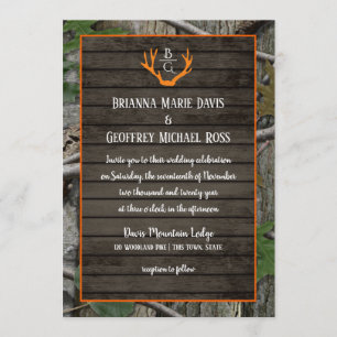 Woodland Camo Antlers Monogram Wedding Invitation