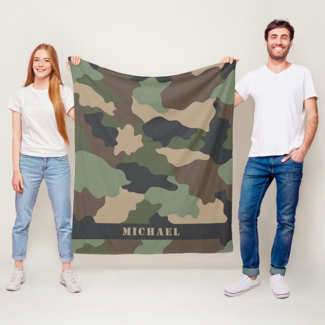 Woodland Camo Camouflage Military Khaki Monogram Fleece Blanket (In Situ)