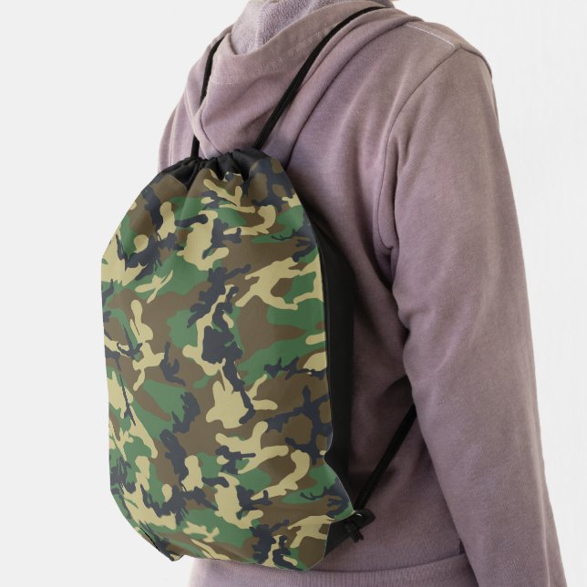 Woodland Camo Drawstring Bag (Insitu)