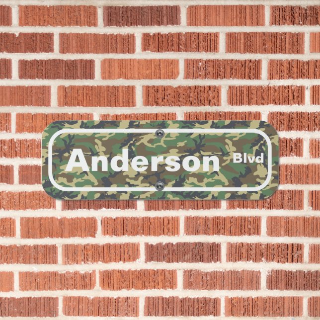 Woodland Camo Green Camouflage Street Name Metal Sign (In Situ(Brick))