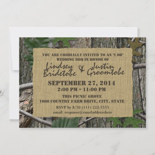 Woodland Camouflage and Burlap I Do Barbecue Announcement