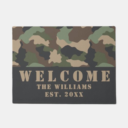 Woodland Camouflage Camo Khaki Black Name Welcome Doormat