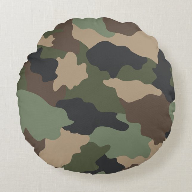 Woodland Camouflage Camo Khaki Green Tan Black Round Pillow (Front)