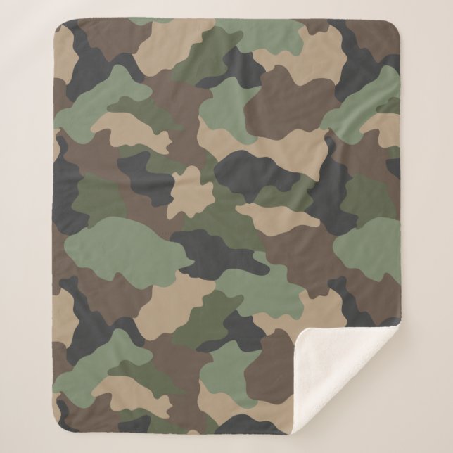 Woodland Camouflage Camo Khaki Green Tan Black Sherpa Blanket (Front)