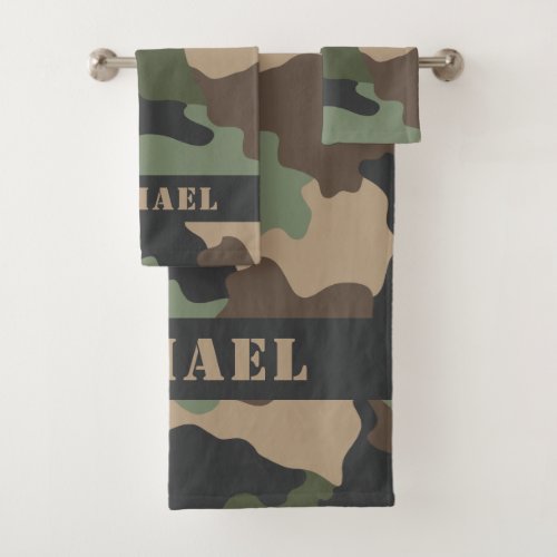 Woodland Camouflage Camo Khaki Tan Black Monogram Bath Towel Set