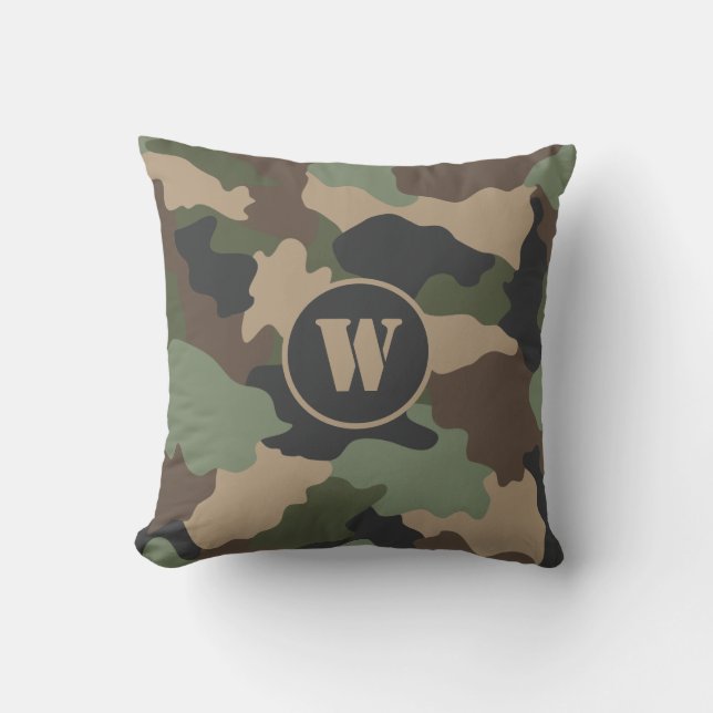 Woodland Camouflage Camo Khaki Tan Black Monogram Throw Pillow (Front)