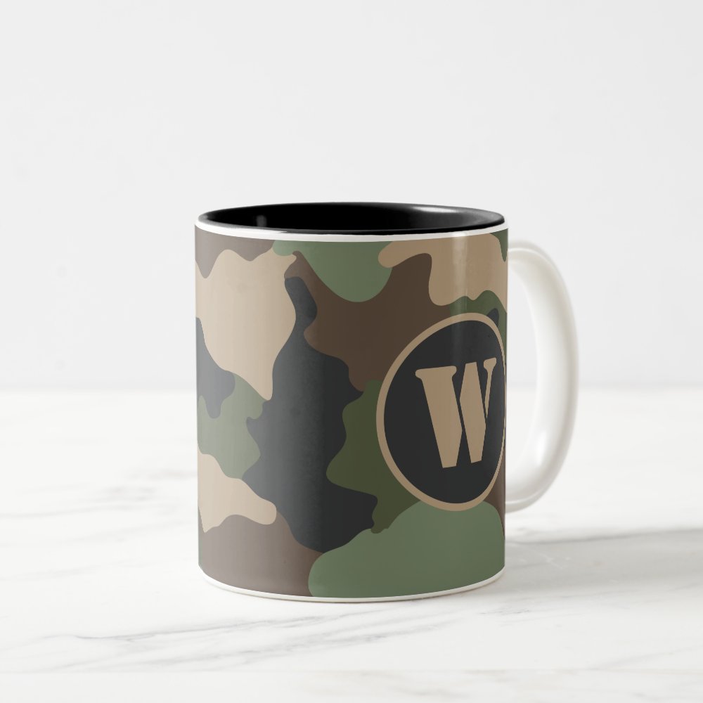 Disover Woodland Camouflage Camo Khaki Tan Black Monogram Two-Tone Coffee Mug
