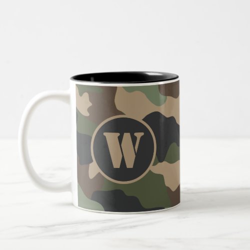 Woodland Camouflage Camo Khaki Tan Black Monogram Two_Tone Coffee Mug