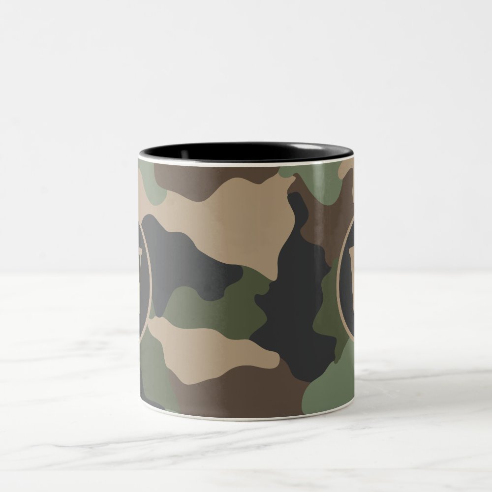 Discover Woodland Camouflage Camo Khaki Tan Black Monogram Two-Tone Coffee Mug