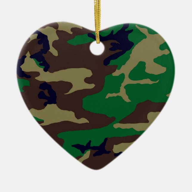 Woodland Camouflage Heart Ceramic Ornament (Front)