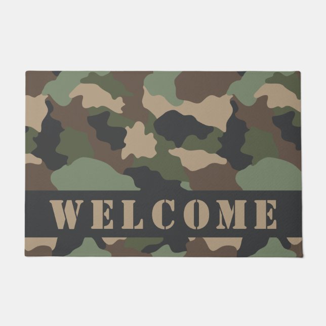 Woodland Camouflage Khaki Tan Black Welcome Doormat (Front)